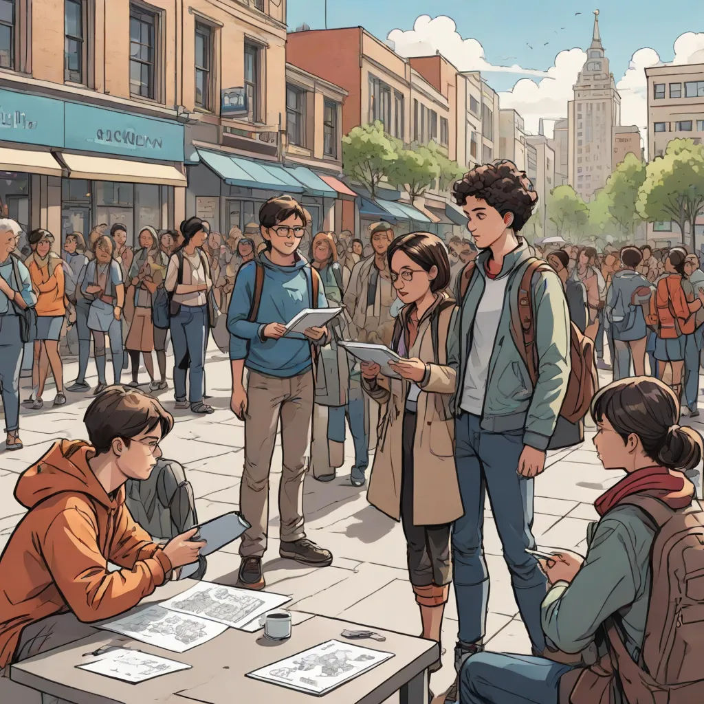 a group of people standing around a table with papers on it in front of a crowd of people on a city street, les automatistes, a comic book panel, Asaf Hanuka, graphic novel