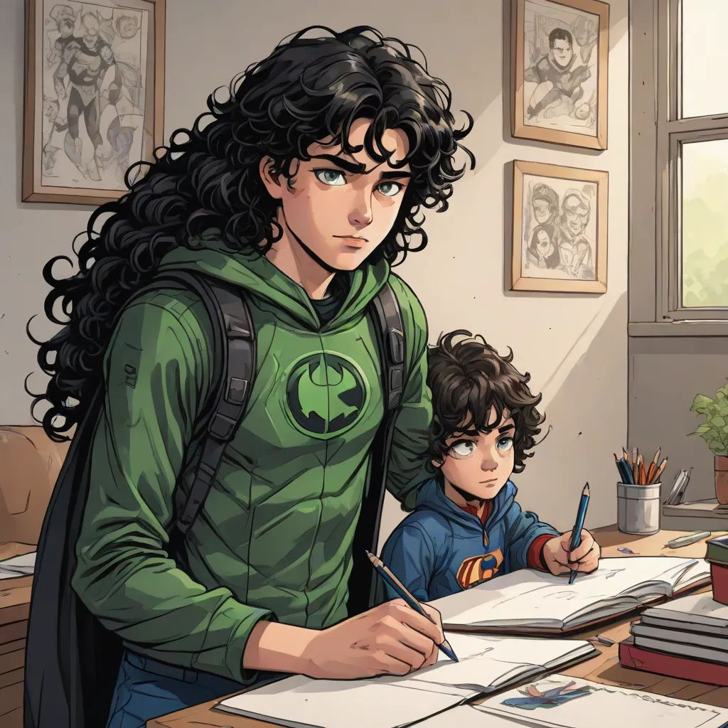 a man and a boy are sitting at a desk with a book and pencils in front of them, academic art, a comic book panel, Artgerm, official art