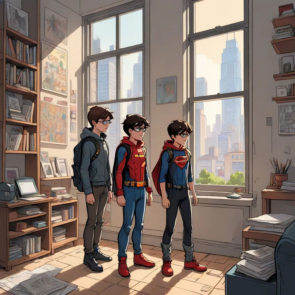 three young boys standing in a room with a window and a book shelf in the background, with a city view, superflat, a comic book panel, David Park, rossdraws global illumination