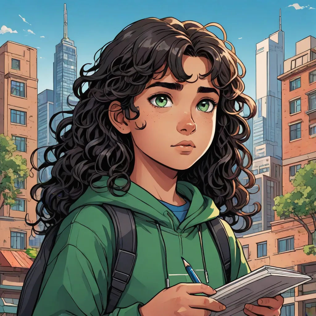 a girl with curly hair and green eyes is holding a clipboard and looking at the camera with a city in the background, harlem renaissance, a comic book panel, Artgerm, comic cover art