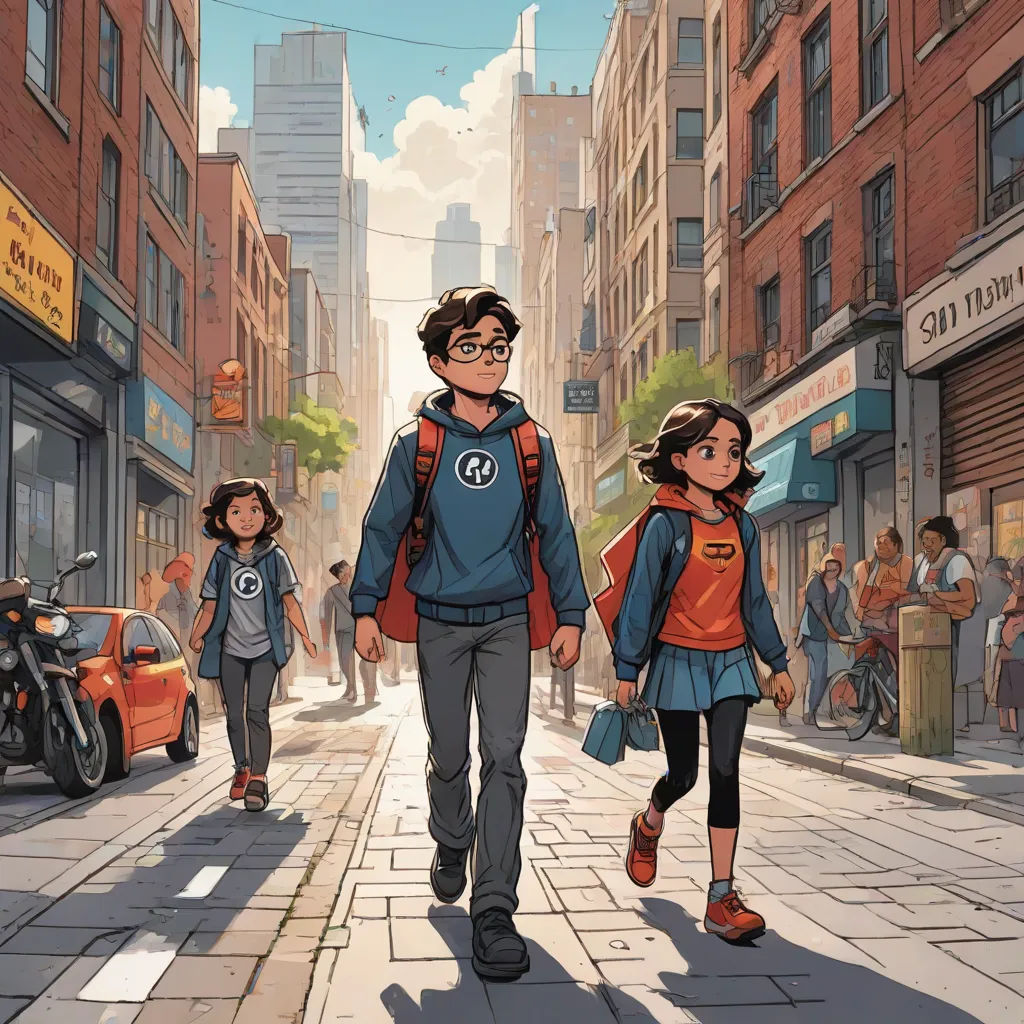 a man and a woman walking down a street with a child on his back and a man carrying a backpack, rayonism, a comic book panel, Altichiero, comic cover art