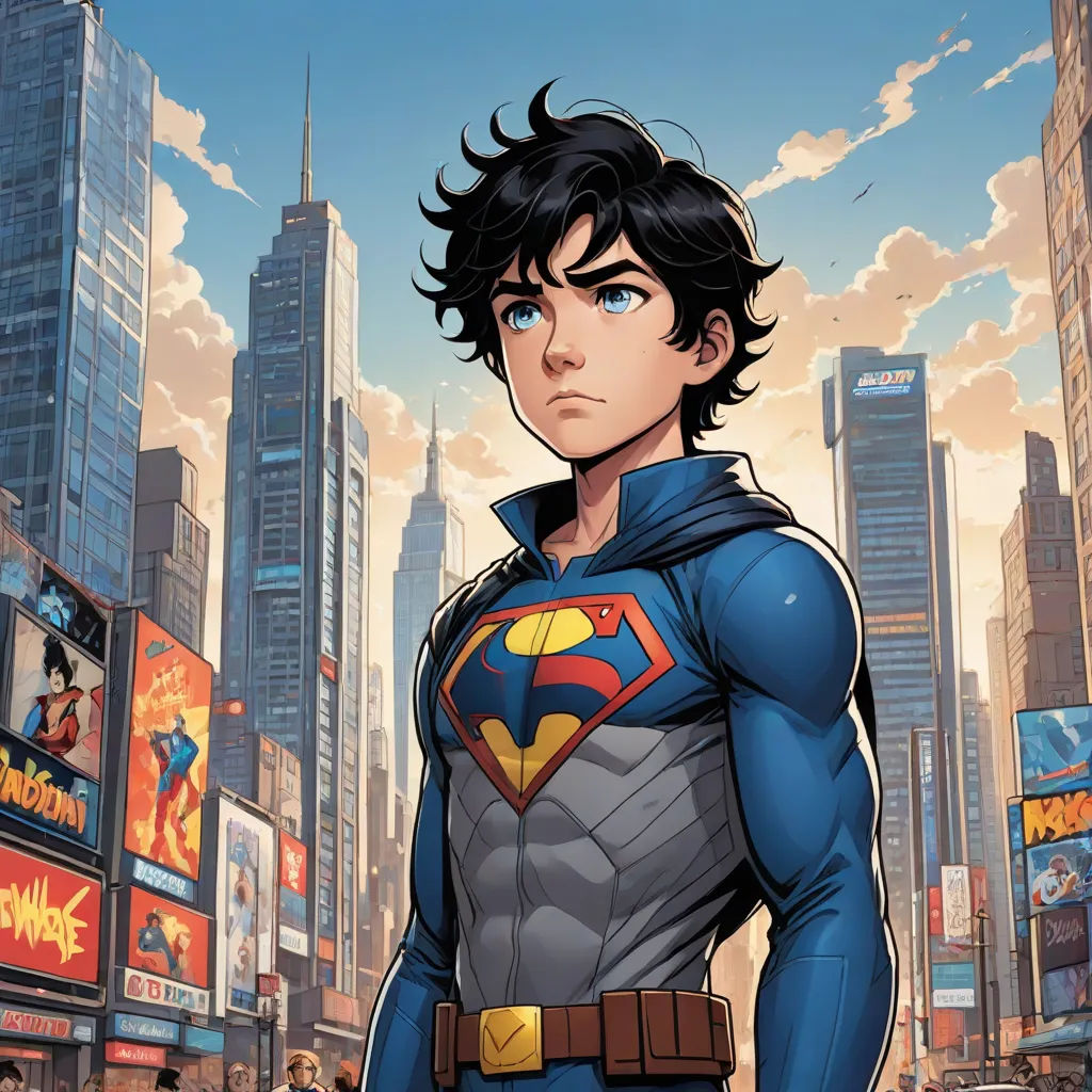 a man in a superman suit standing in front of a cityscape with a skyscraper in the background, superflat, a comic book panel, Artgerm, comic cover art