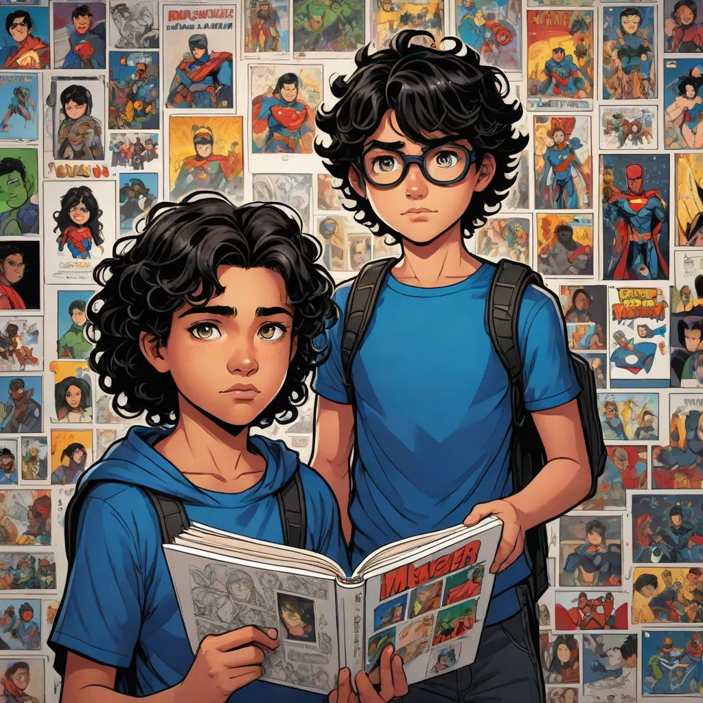 a boy and girl are reading a comic book together in front of a wall of comic books with supermans, superflat, a comic book panel, Artgerm, comic book