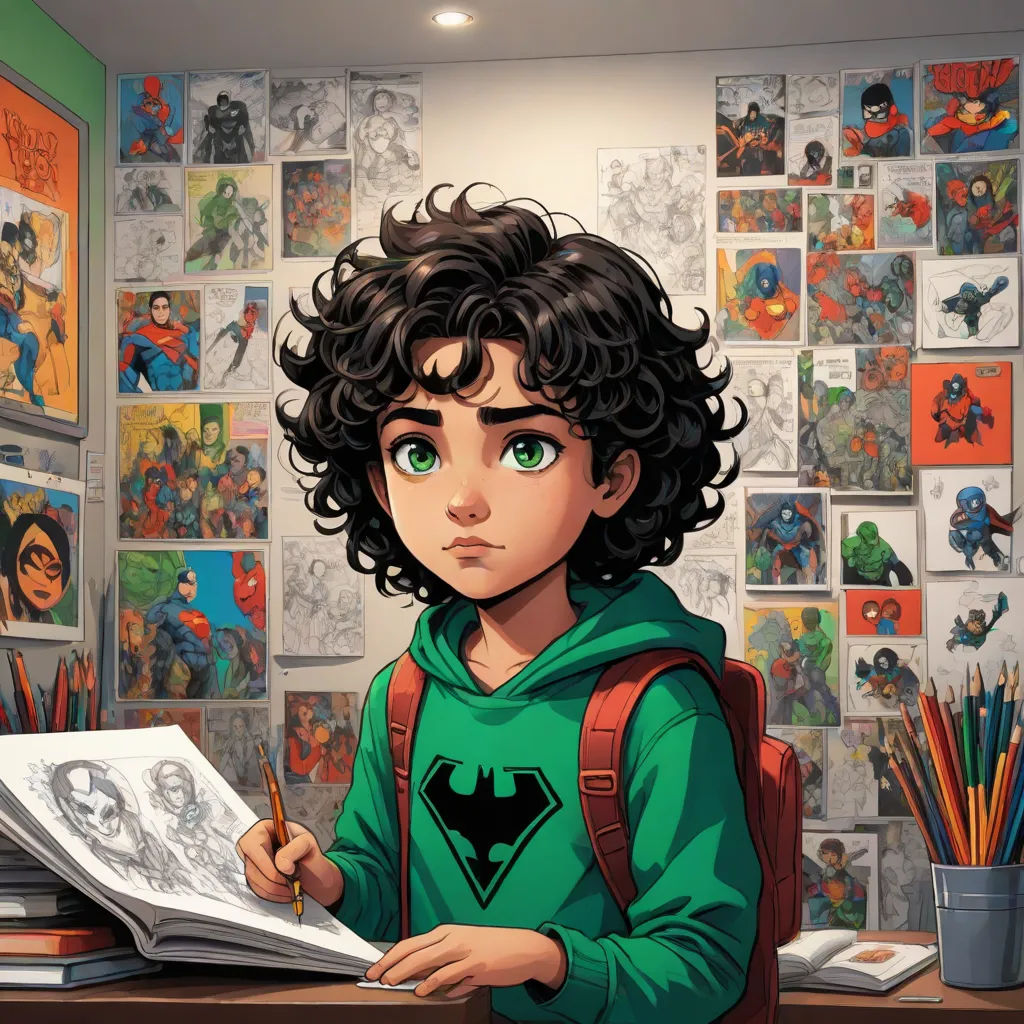 a young boy is sitting at a desk with a book and pencil in his hand and a bunch of comics on the wall behind him, academic art, a comic book panel, Artgerm, stanley artgerm lau