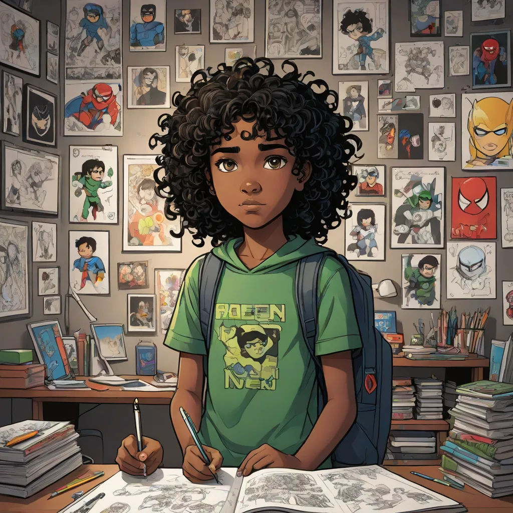 a young girl is sitting at a desk with a book and pen in front of her and a bunch of comics on the wall, academic art, a comic book panel, Altichiero, comic cover art