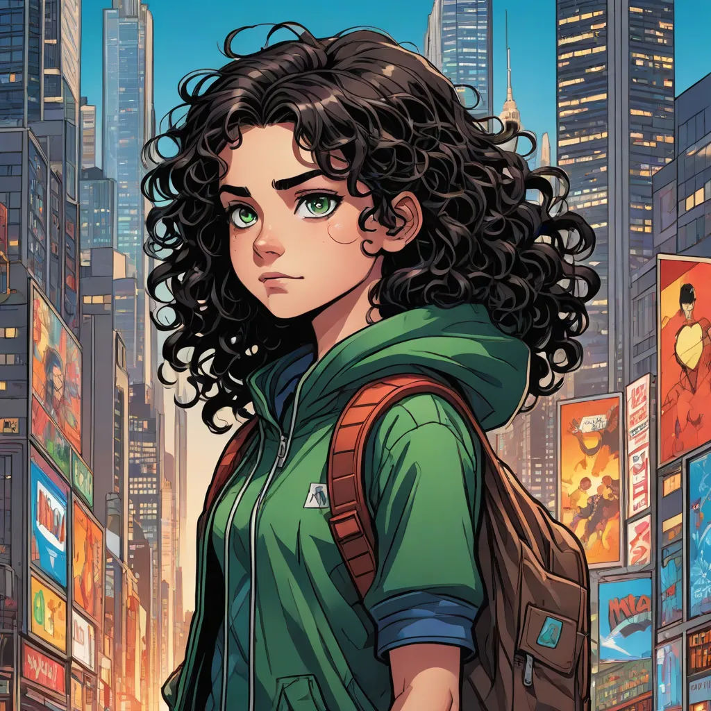 a woman with curly hair standing in front of a cityscape with a backpack on her shoulder and a backpack on her shoulder, process art, a character portrait, Artgerm, comic cover art