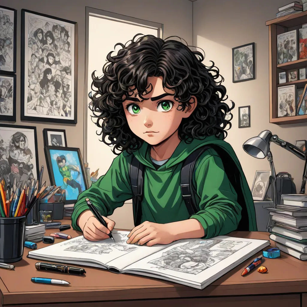a person sitting at a desk with a book and pen in front of them and a bunch of pictures on the wall, academic art, a comic book panel, Artgerm, official art