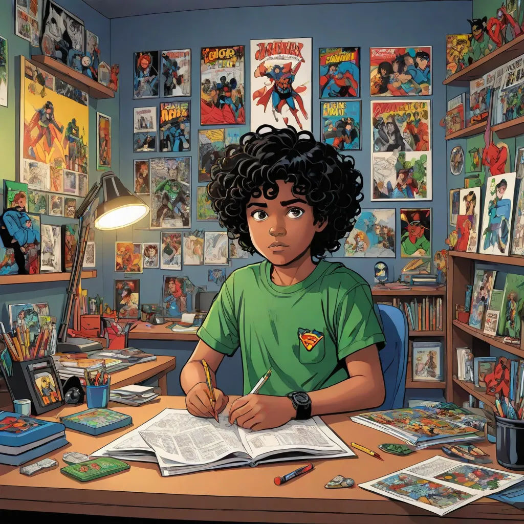 a boy sitting at a desk with a book and pen in front of him and a bunch of comics on the wall, underground comix, a comic book panel, Everett Warner, comic book