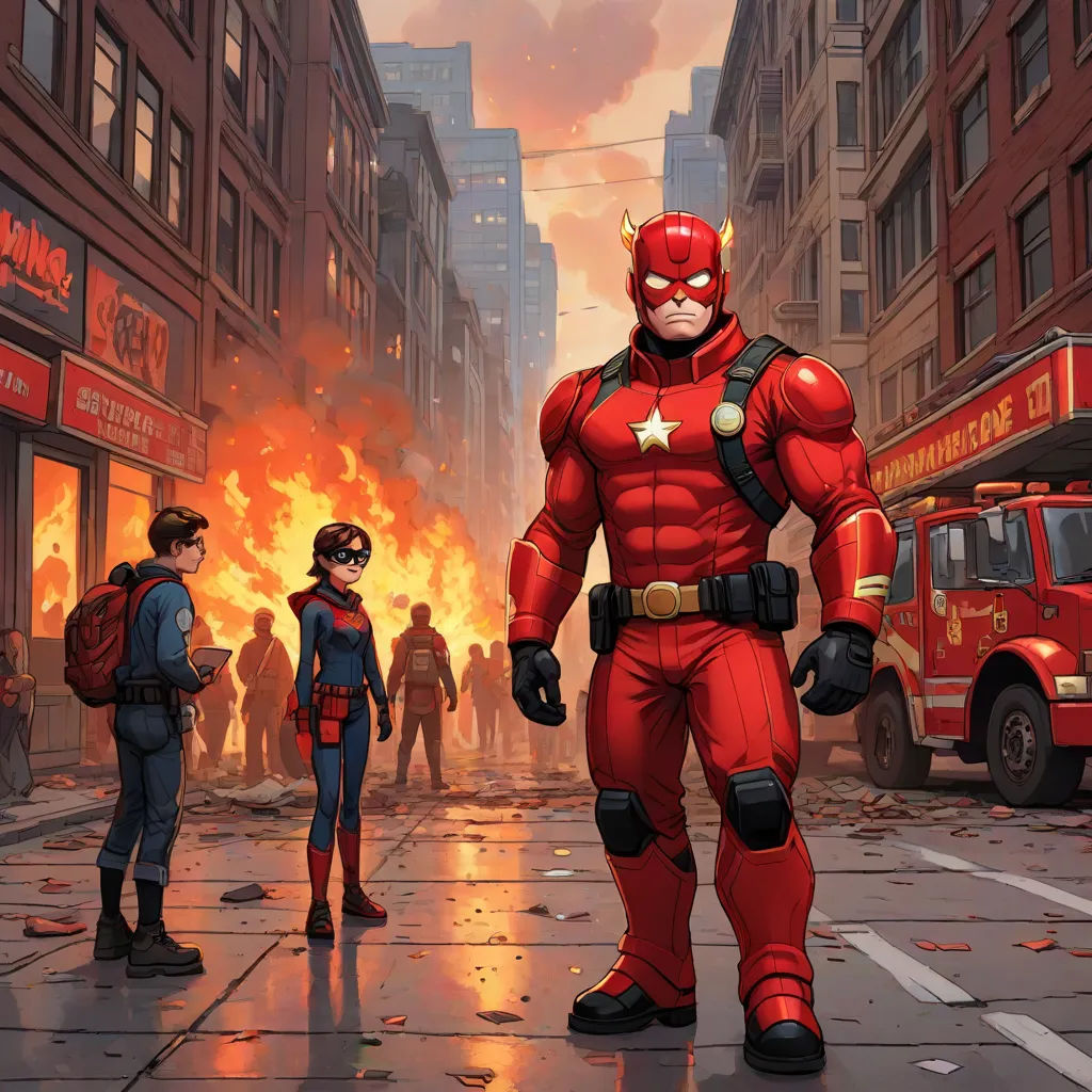 a cartoon of a man in a red suit standing in front of a fire hydrant with a fireman in the background, american scene painting, a comic book panel, Chris LaBrooy, official art