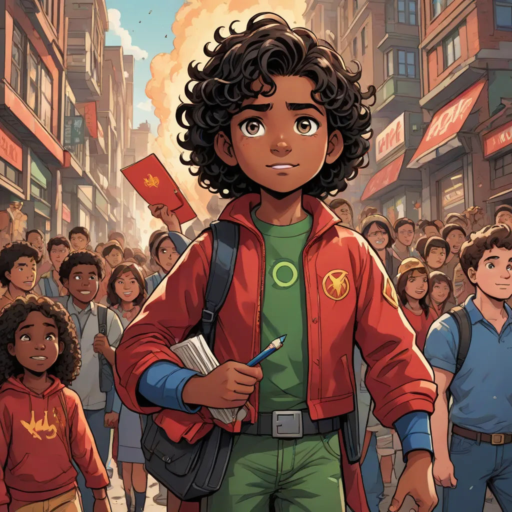 a cartoon of a boy with a backpack and a flag in his hand and a crowd of people behind him, afrofuturism, a comic book panel, Altichiero, comic cover art