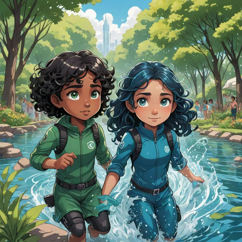 two children are running through a river in a park with a waterfall in the background and a waterfall in the foreground, environmental art, concept art, Cliff Childs, comic cover art