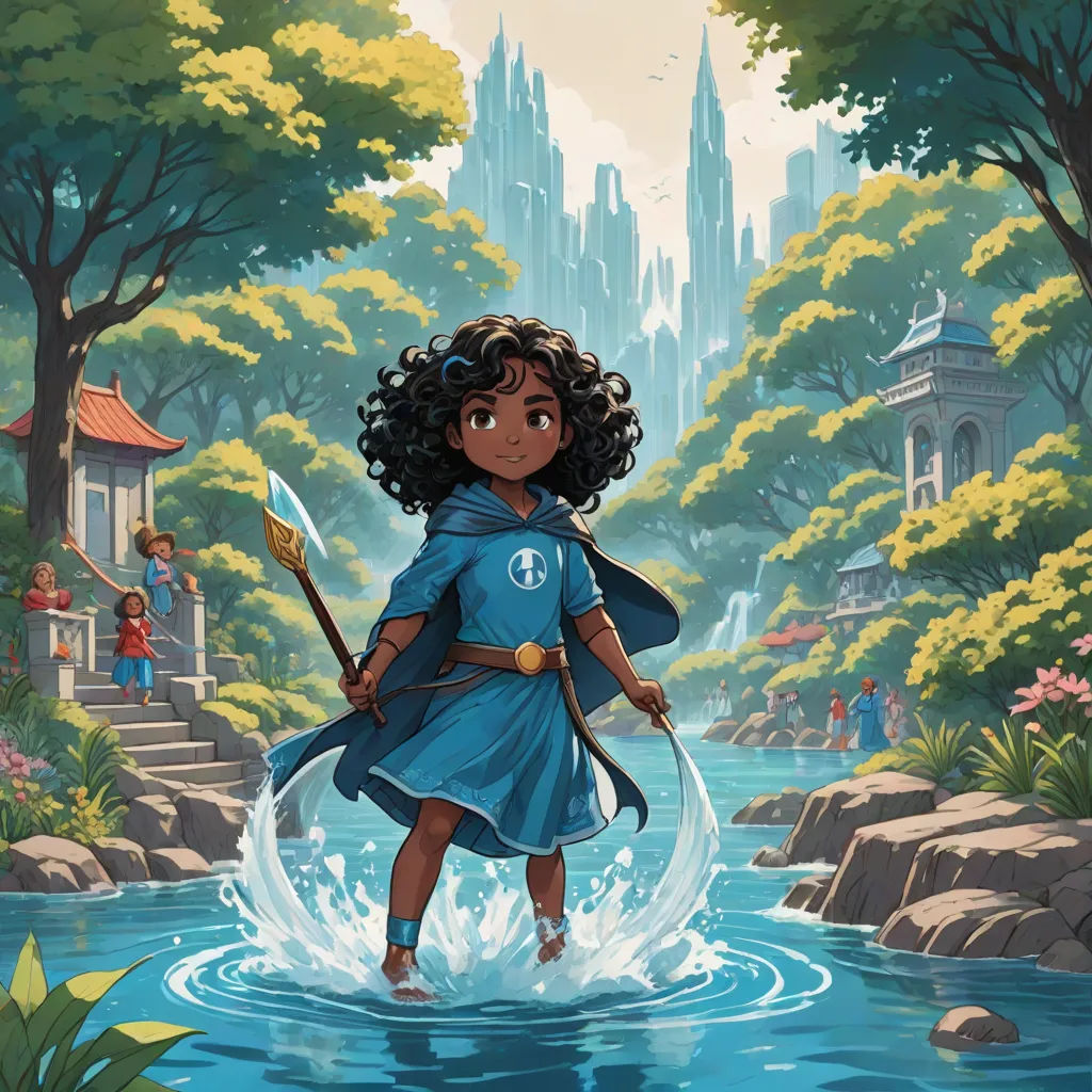 a cartoon of a girl in a blue dress holding a spear and standing in a river with a castle in the background, fantasy art, a storybook illustration, Chris LaBrooy, comic cover art
