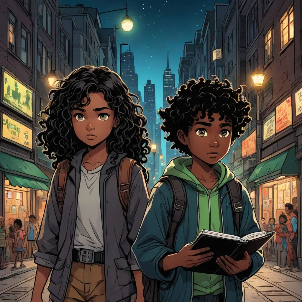 two people standing in the street at night with a book in their hands and a city in the background, harlem renaissance, poster art, Cedric Seaut (Keos Masons), comic cover art