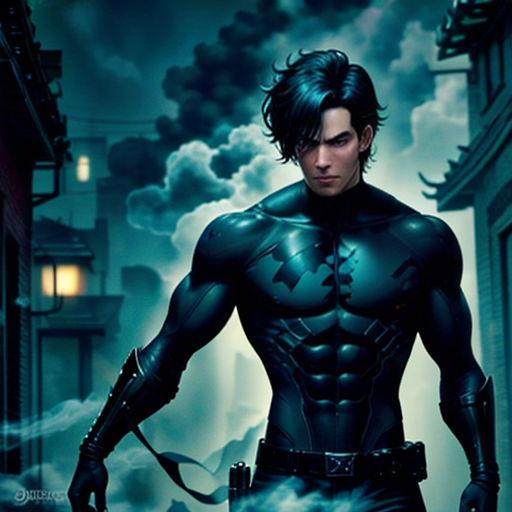 a man in a batman costume holding a sword in a city street at night with a full moon behind him