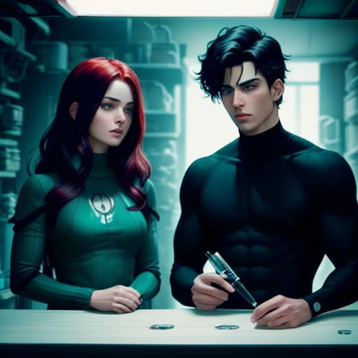 a man and a woman standing in a room with a table and a light above them, and a window above them