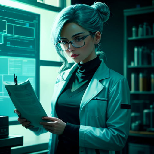 a woman in a lab coat holding a piece of paper and looking at a computer screen with a pen in her hand
