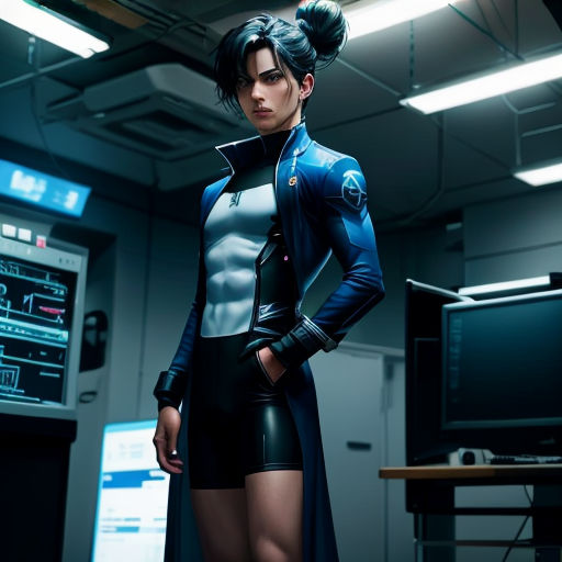 a woman in a futuristic suit standing in a room with a computer monitor and a desk in the background