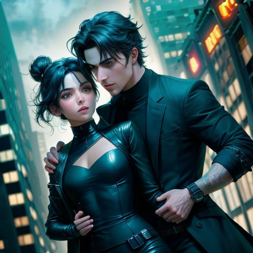 a man and a woman in black leather outfits standing in a city at night with skyscrapers in the background
