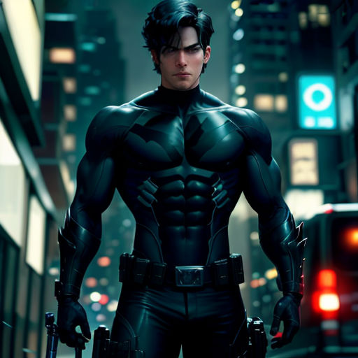 a man in a batman costume standing in the street with a gun in his hand and a car in the background