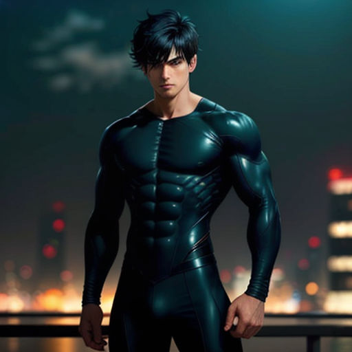 a man in a black suit standing in front of a cityscape at night with a full body