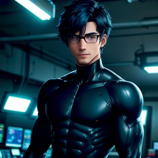 a man in a black suit and glasses standing in a room with a computer screen behind him and a cell phone in his hand