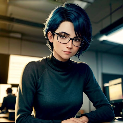 a woman with glasses sitting at a desk in an office setting with a computer monitor and keyboard in front of her