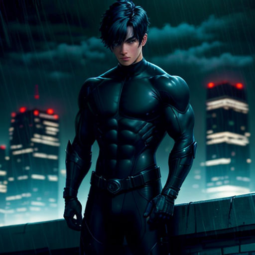 a man in a black suit standing on a roof in the rain with his hands on his hips and his hands on his hips