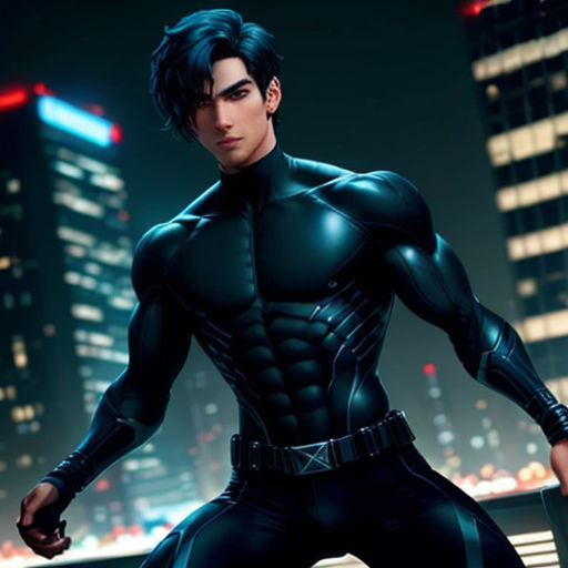 a man in a futuristic suit standing in front of a city at night with his hands on his hips