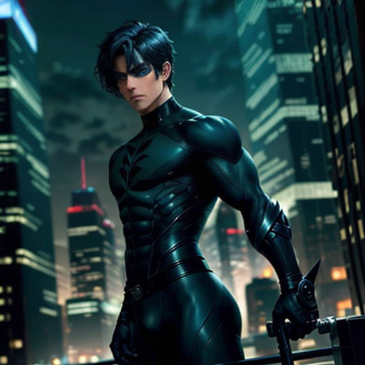 a man in a futuristic suit standing in front of a city at night with a sword in his hand