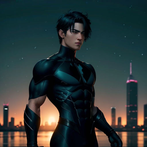 a man in a futuristic suit standing in front of a city skyline at night with a city skyline in the background