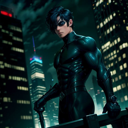 a man in a black suit standing in front of a city at night with a sword in his hand