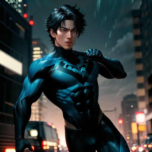 a man in a blue suit standing in the middle of a city street at night with a cityscape in the background