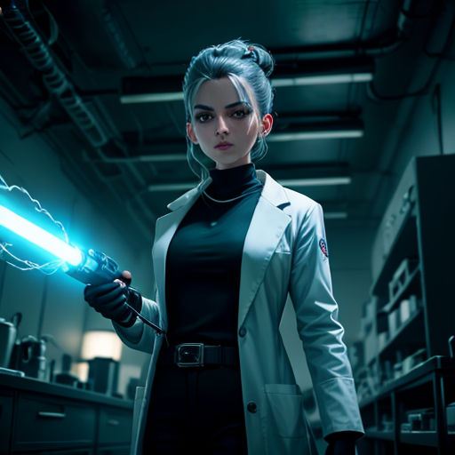 a woman in a science fiction scene holding a light saber in her hand and looking at the camera with a serious look on her face