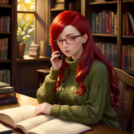 a woman with red hair and glasses sitting at a table with a book and a phone in her hand