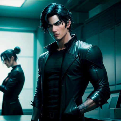 a man in a black leather jacket standing next to a woman in a black dress and a black jacket