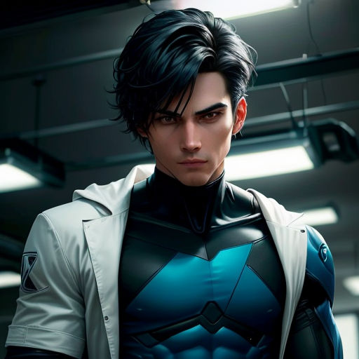a man in a suit and a jacket with a blue cape on his chest and chest, standing in a garage