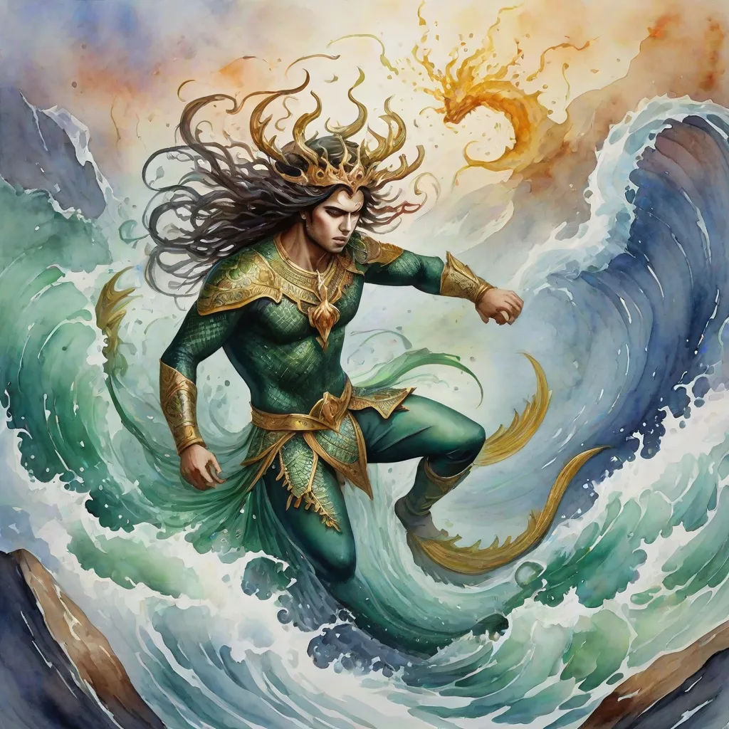 a painting of a woman in a green dress on a wave with a sun above her head and a golden crown on her head, a detailed painting, Donato Giancola, fantasy art, magic the gathering artwork