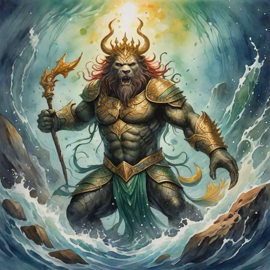 a painting of a man with a horned face and a spear in his hand, standing in a body of water, a detailed painting, Donato Giancola, sumatraism, magic the gathering artwork