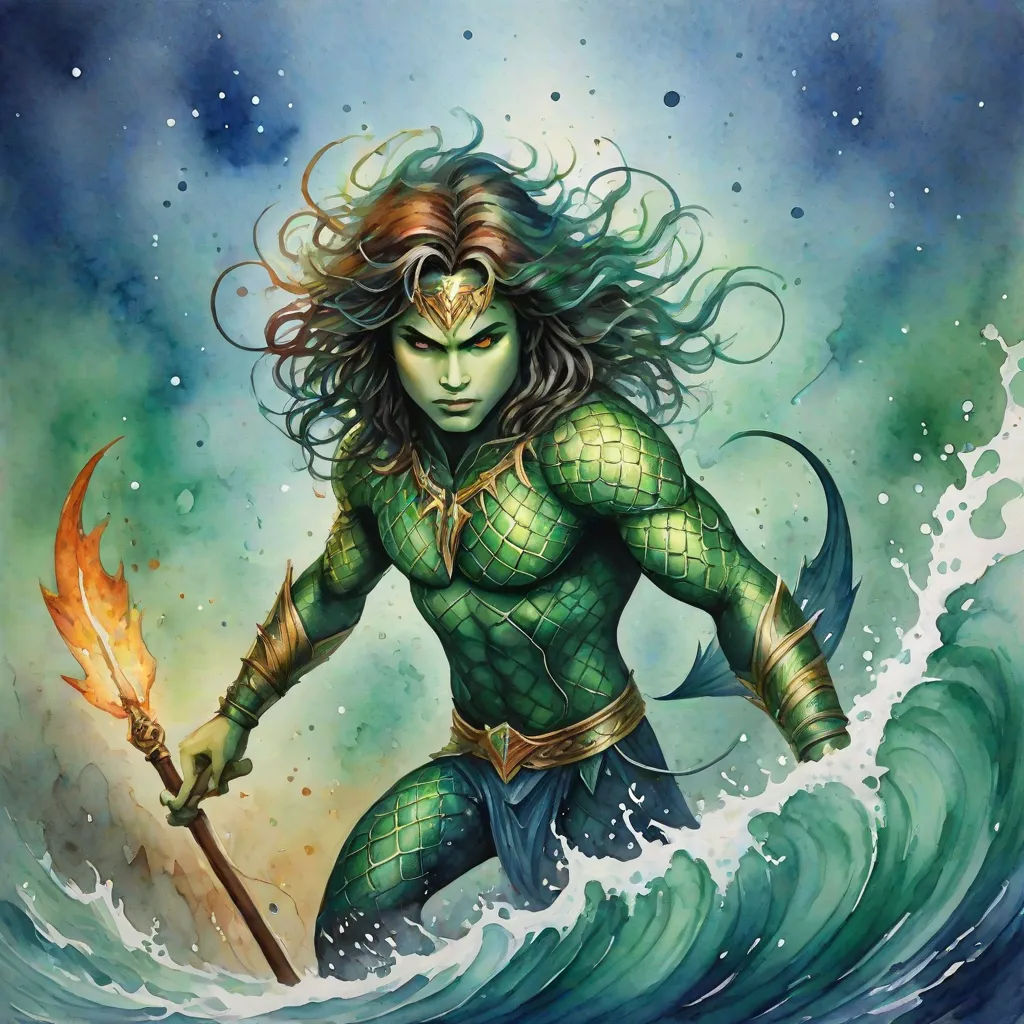 a painting of a woman in a green outfit holding a fire stick in the ocean with a wave behind her, a detailed painting, Aleksi Briclot, fantasy art, magic the gathering artwork