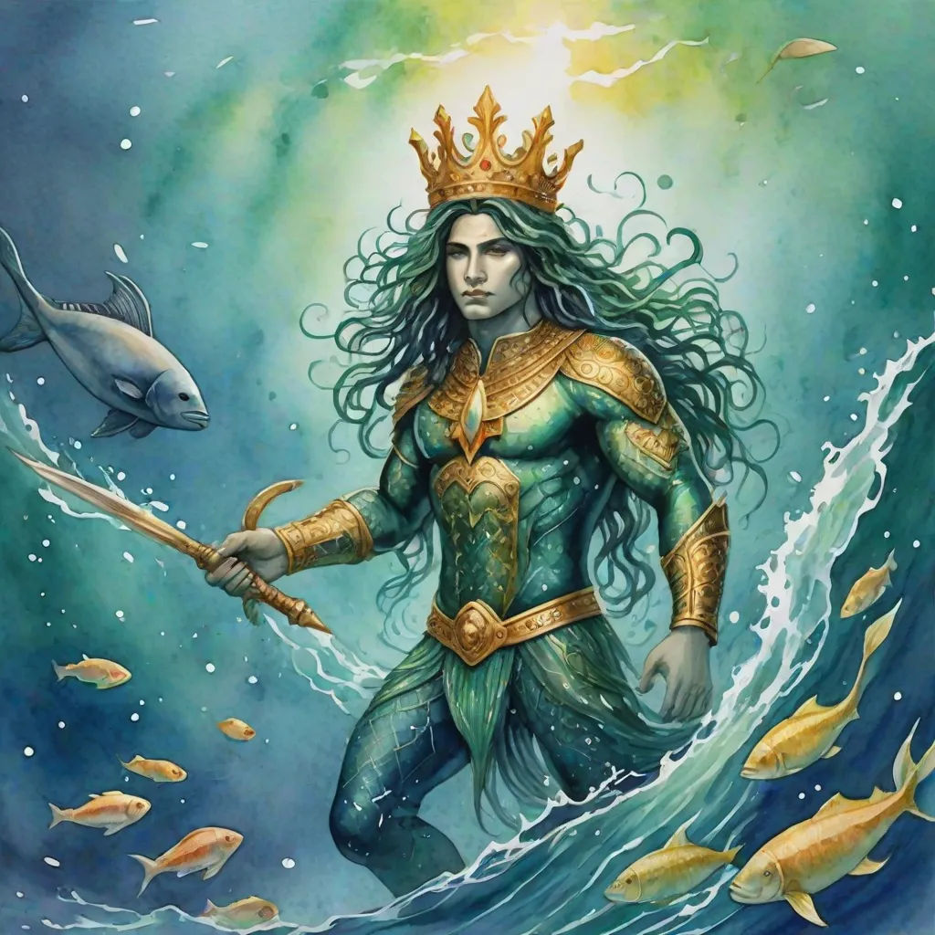 a painting of a woman in a green outfit holding a sword and standing on a wave with fish around her, a character portrait, Donato Giancola, fantasy art, phuoc quan