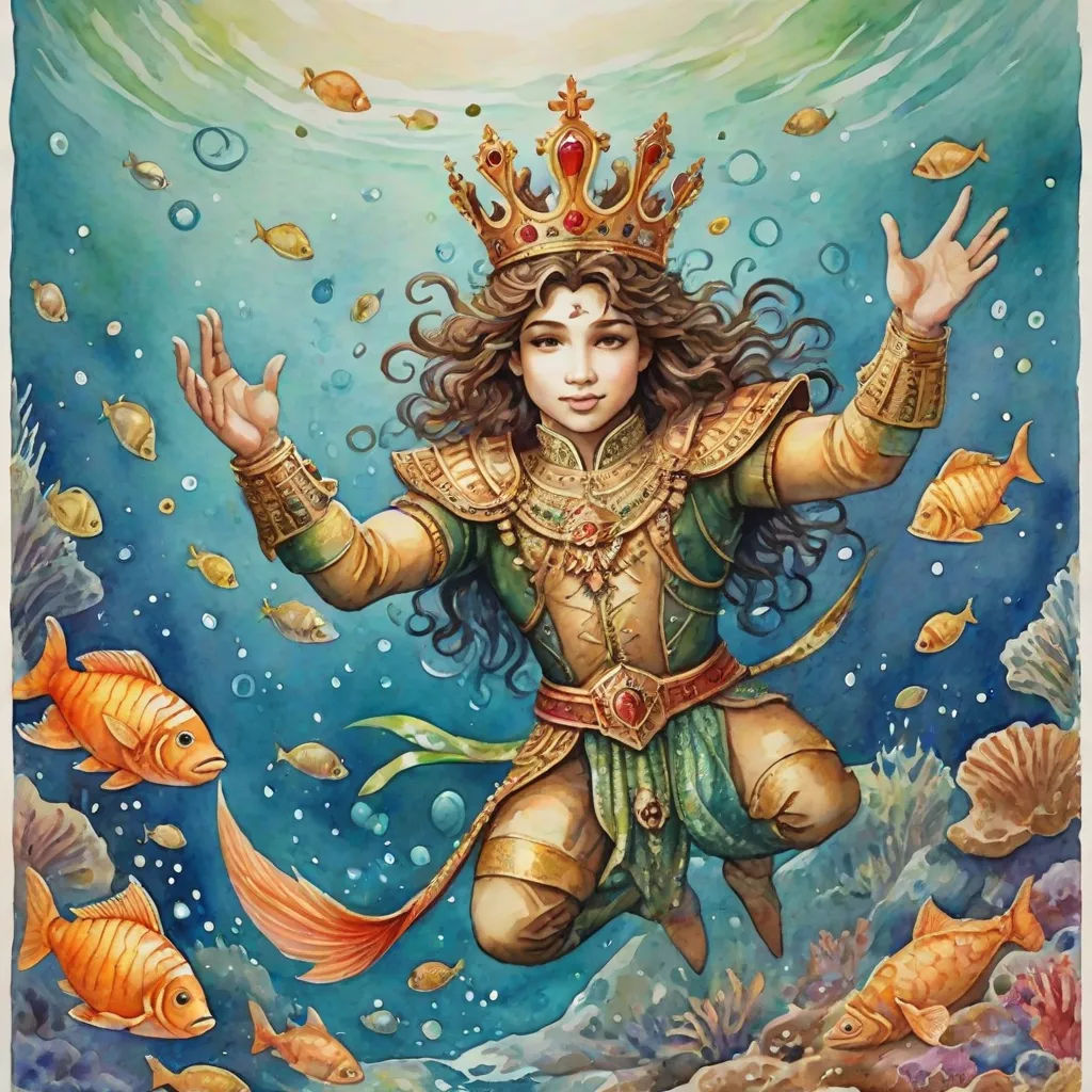 a painting of a woman in a crown surrounded by fish and bubbles, with a fish - like body in the water, a detailed painting, Daniel Merriam, fantasy art, yukito kishiro