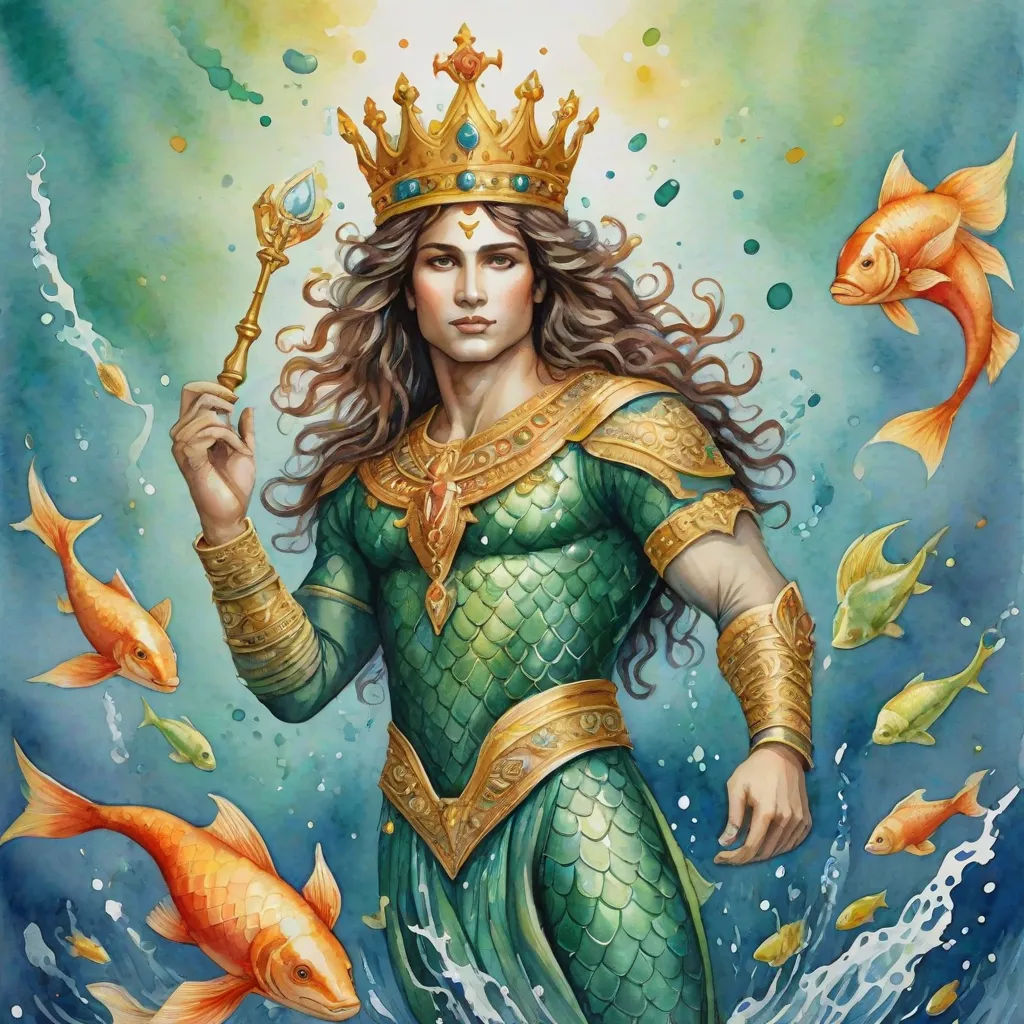 a painting of a mermaid with a crown on her head and gold fish around her neck, holding a wand, a detailed painting, Donato Giancola, fantasy art, masculine