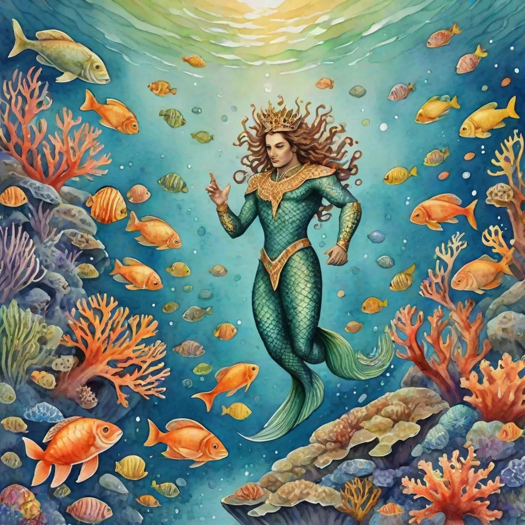a painting of a mermaid with fish and corals in the water, with a sun above her head, a storybook illustration, Donato Giancola, fantasy art, fantasy illustration