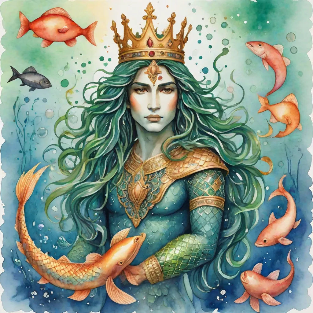 a woman with a crown on her head and fish around her neck, surrounded by fish and water, is surrounded by fish, a storybook illustration, Daniel Merriam, fantasy art, fantasy illustration
