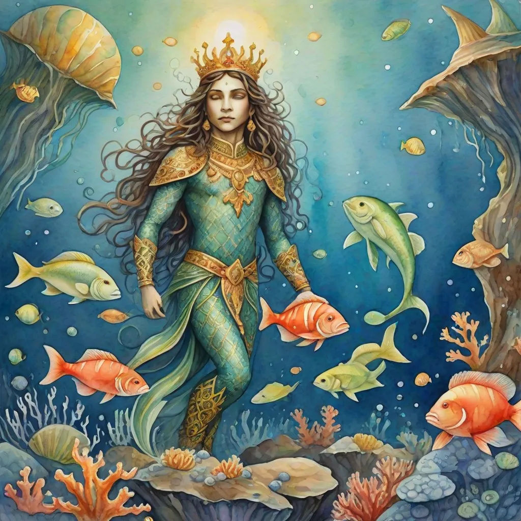 a painting of a mermaid with fish and a crown on her head and a fish in the water and a fish in the water, a detailed painting, Daniel Merriam, fantasy art, ocean