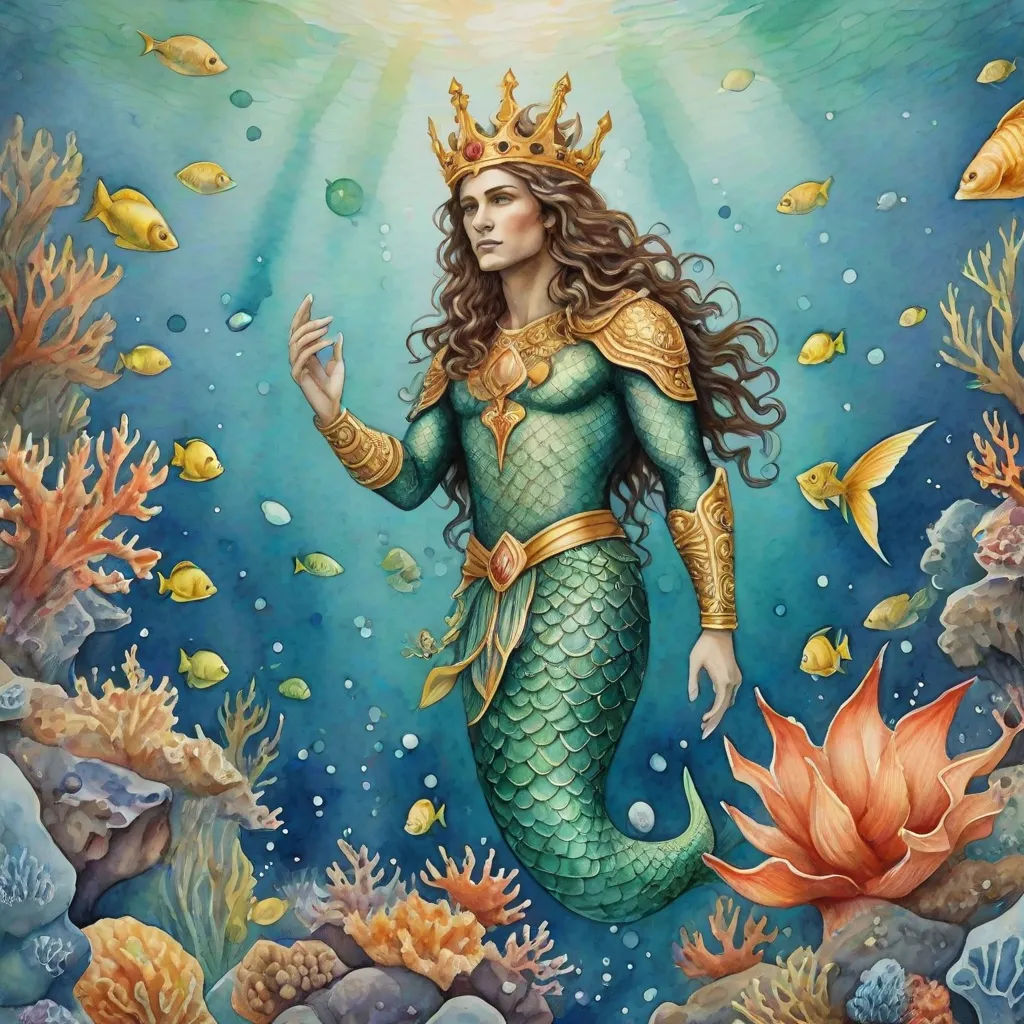 a painting of a mermaid with a crown on her head and a fish in the water behind her, surrounded by corals and other fish, a detailed painting, Donato Giancola, fantasy art, official art