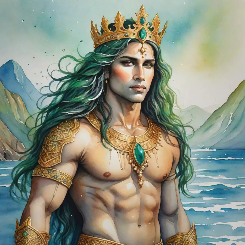 a painting of a man with long hair and a crown on his head standing in the water with a mountain in the background, a detailed painting, Donato Giancola, fantasy art, epic fantasy character art