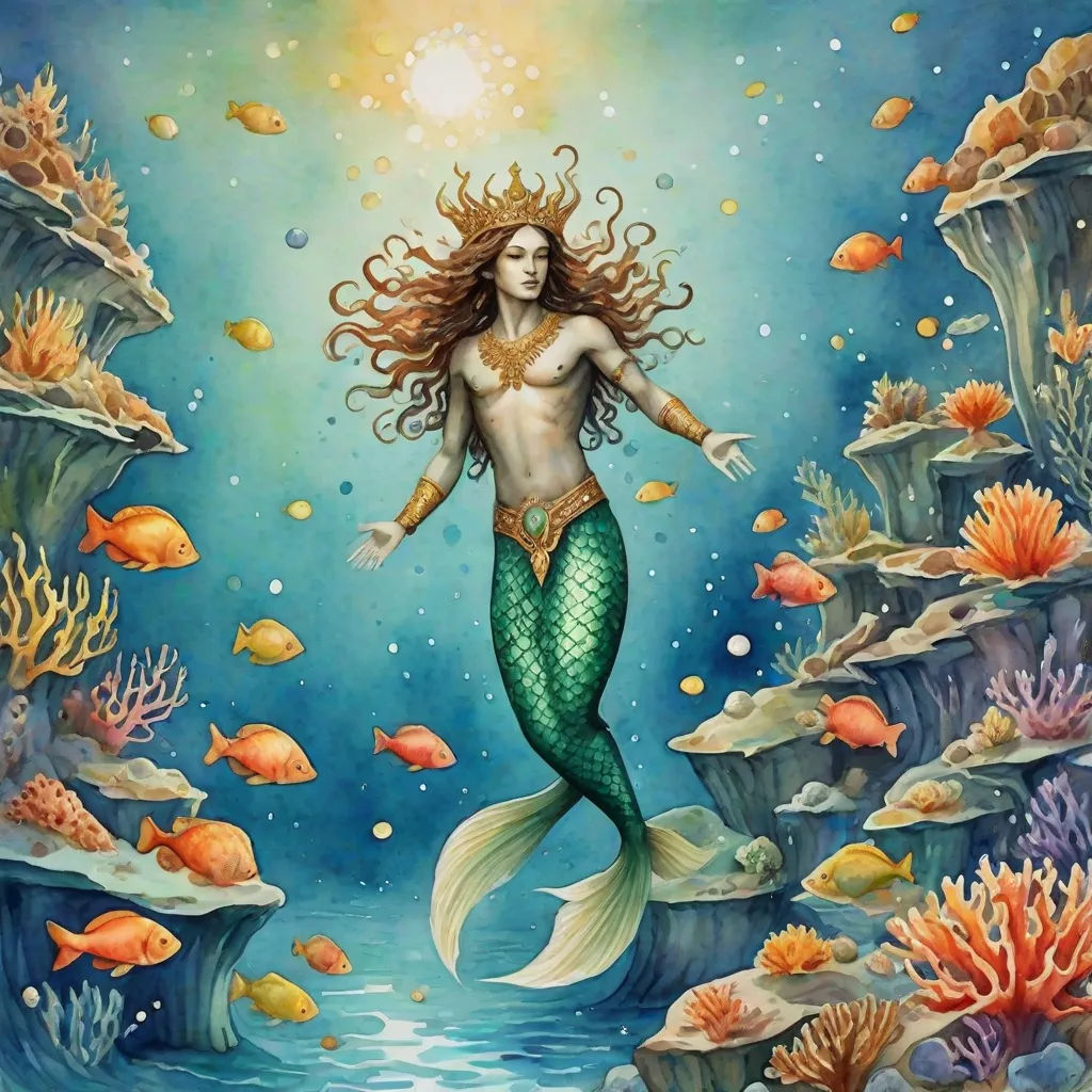 a painting of a mermaid with long hair and a crown on her head, standing in the water surrounded by corals and fish, a storybook illustration, Daniel Merriam, fantasy art, fantasy artwork