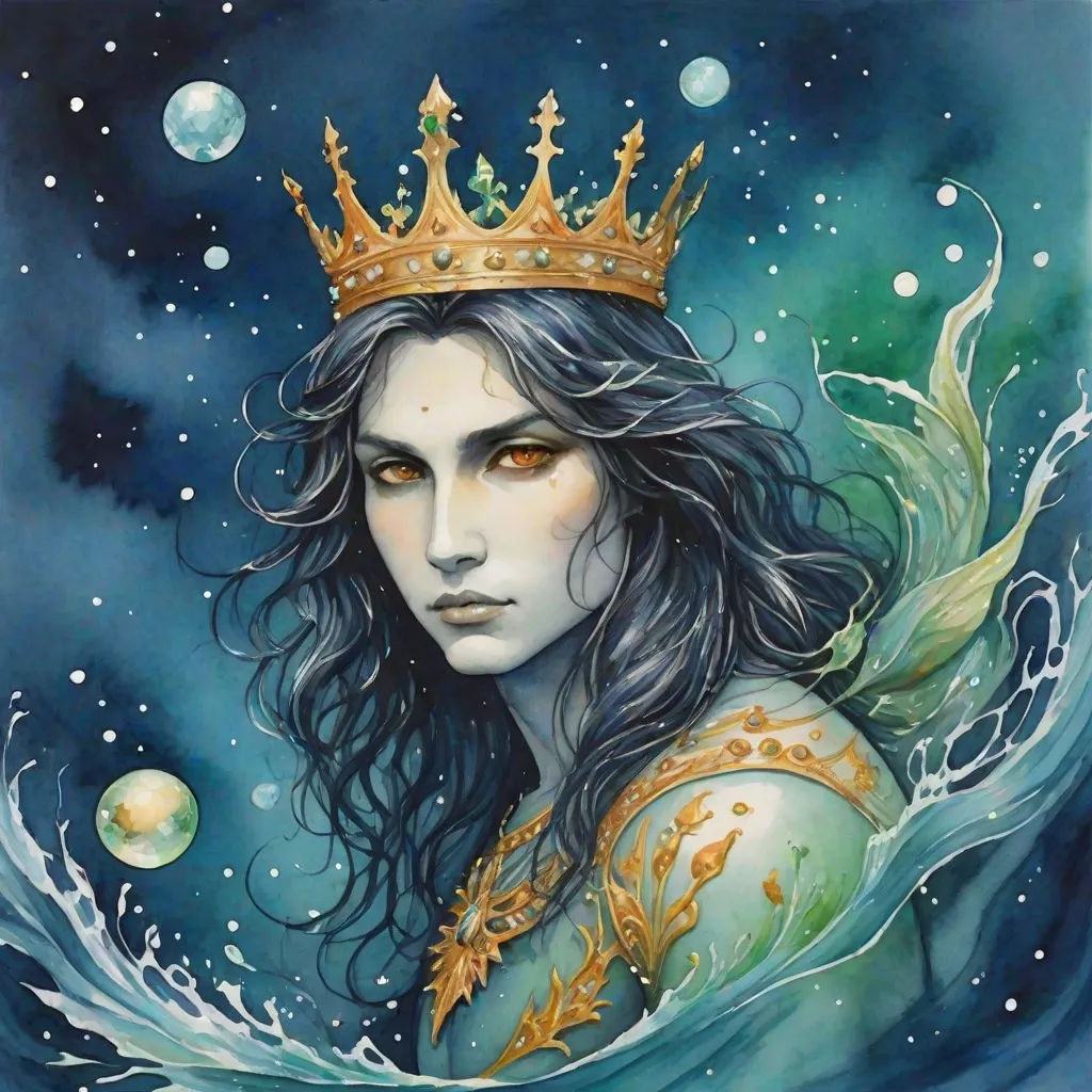a painting of a woman wearing a crown and holding a crystal ball in her hand, with water swirling around her, a detailed painting, Donato Giancola, fantasy art, dark fantasy art