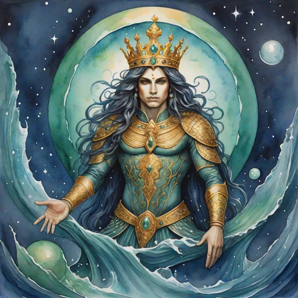 a painting of a woman in a crown and dress with a wave behind her and a moon above her, a detailed painting, Donato Giancola, fantasy art, elden ring